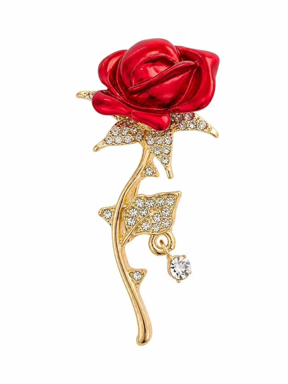 Gold Tone Red Rose Brooch Rhinestone Floral Pin Crystal Dangle Elegant Gift NWT